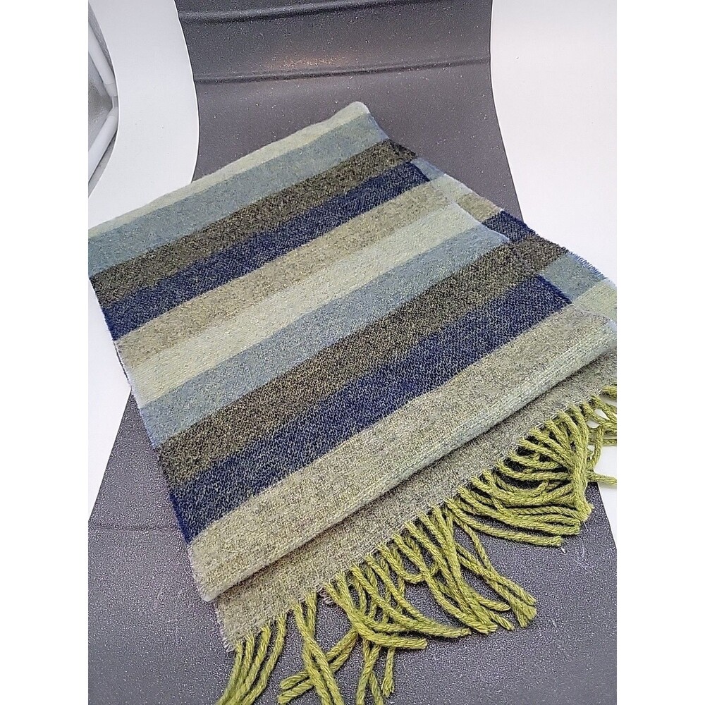 100% Wool Green Blue Grey Striped Scarf Fringe England Cozy Winter Fun!